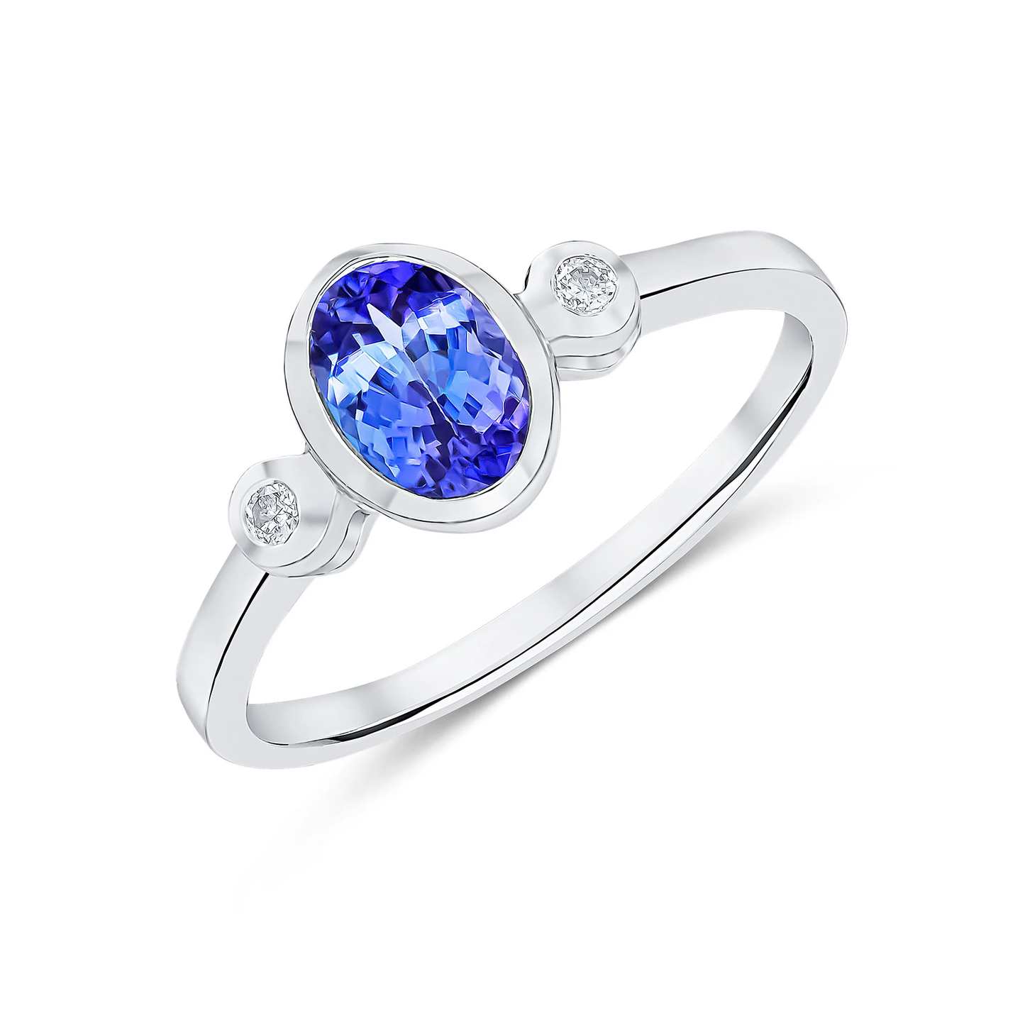 Oval Tanzanite & Round Diamond Three Stone Rubover Ring in 9ct White Gold