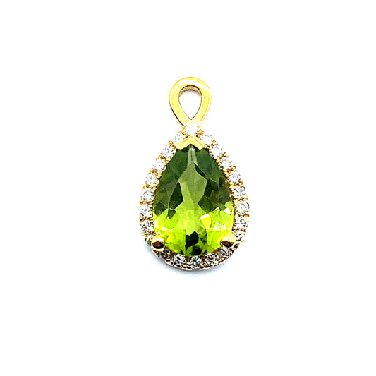 Bespoke Pear Cut Peridot with Diamond Halo 9ct Gold Drop, Removeable Attachments For Earrings, Hoop Earrings and Necklaces
