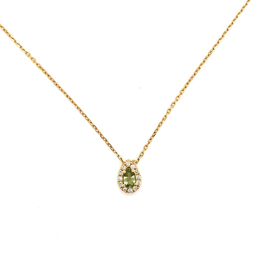 Green Sapphire and Diamond Pear Cut Halo Pendant Necklace in 18ct Yellow Gold