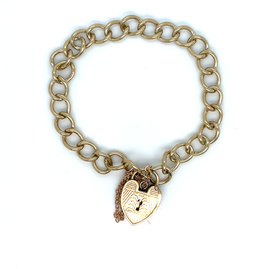 Vintage 9ct Yellow Gold Heavy Chain Charm Bracelet 7.5" With Heart Padlock