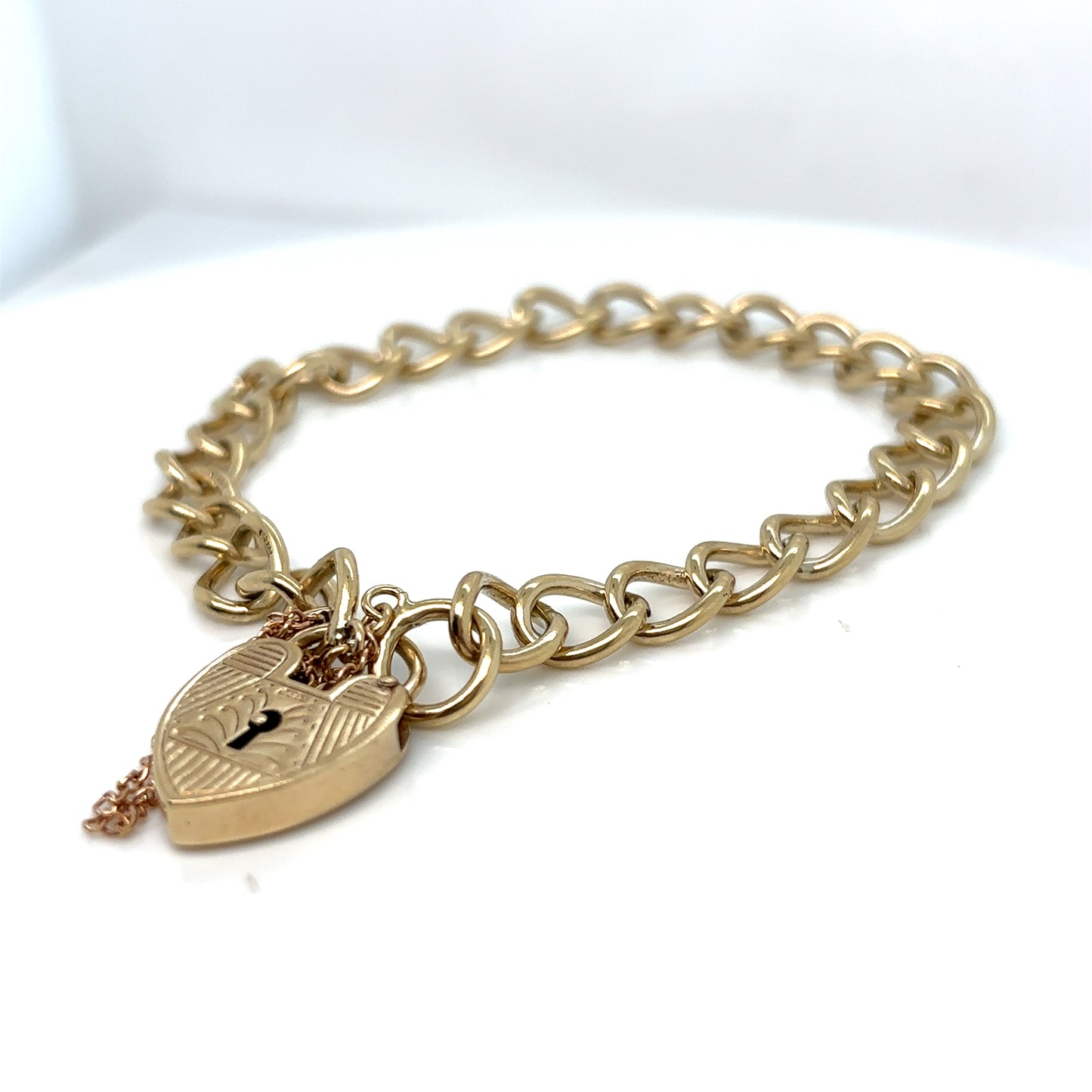 Vintage 9ct Yellow Gold Heavy Chain Charm Bracelet 7.5" With Heart Padlock