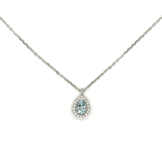 Pear Cut Sky Blue Topaz with a Cubic Zirconia Halo Set in Sterling Silver Pendant Necklace