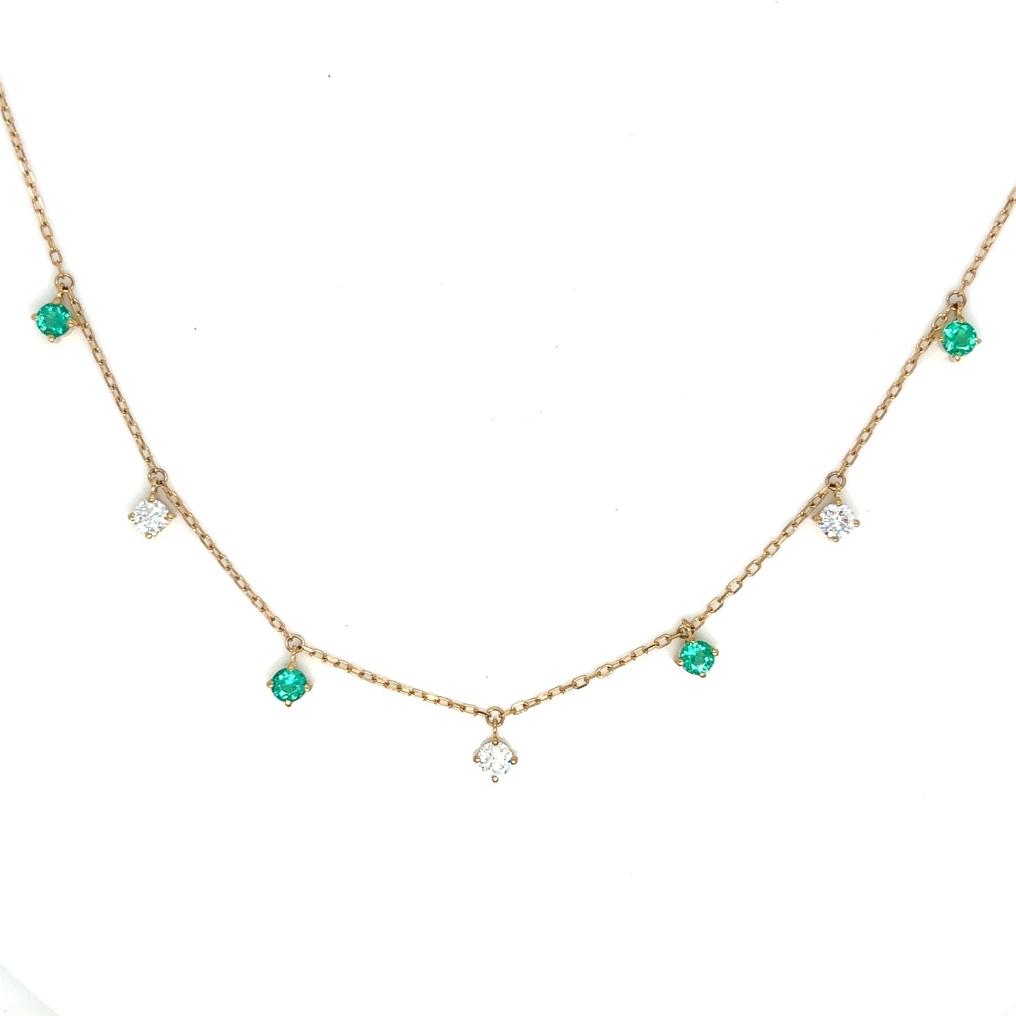 Emerald and Diamond 7 Round Brilliant Cut Droplet Yellow Gold Necklace