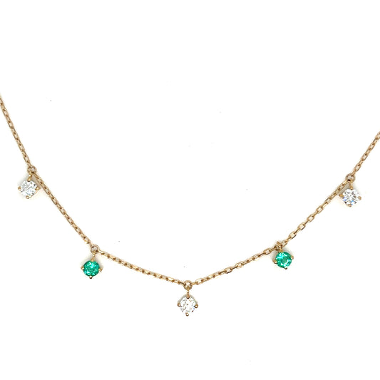 Emerald and Diamond 7 Round Brilliant Cut Droplet Yellow Gold Necklace