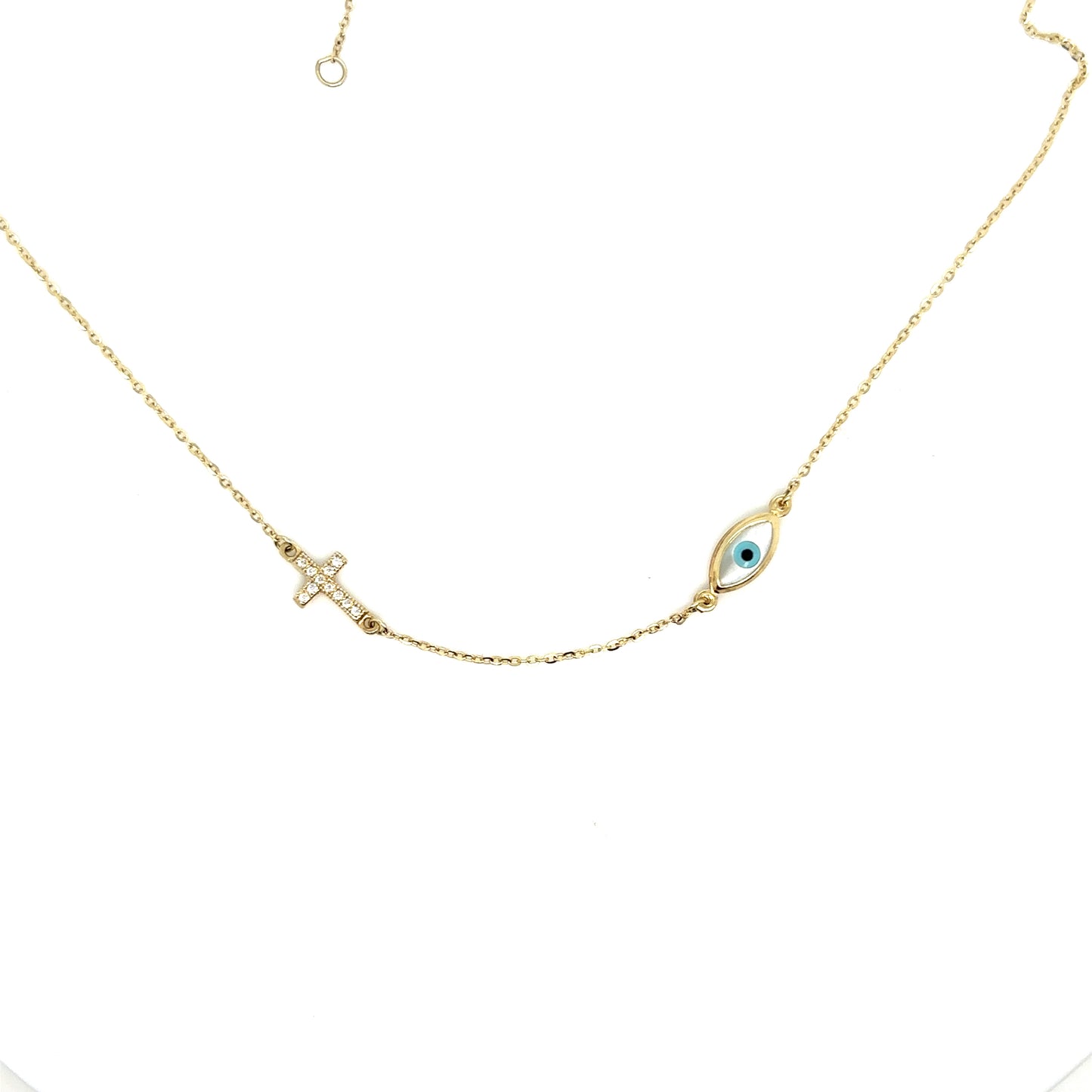 Mother of Pearl Evil Eye and Cross 9ct Yellow Gold  Adjustable Length 16 1/4" - 17" Necklace