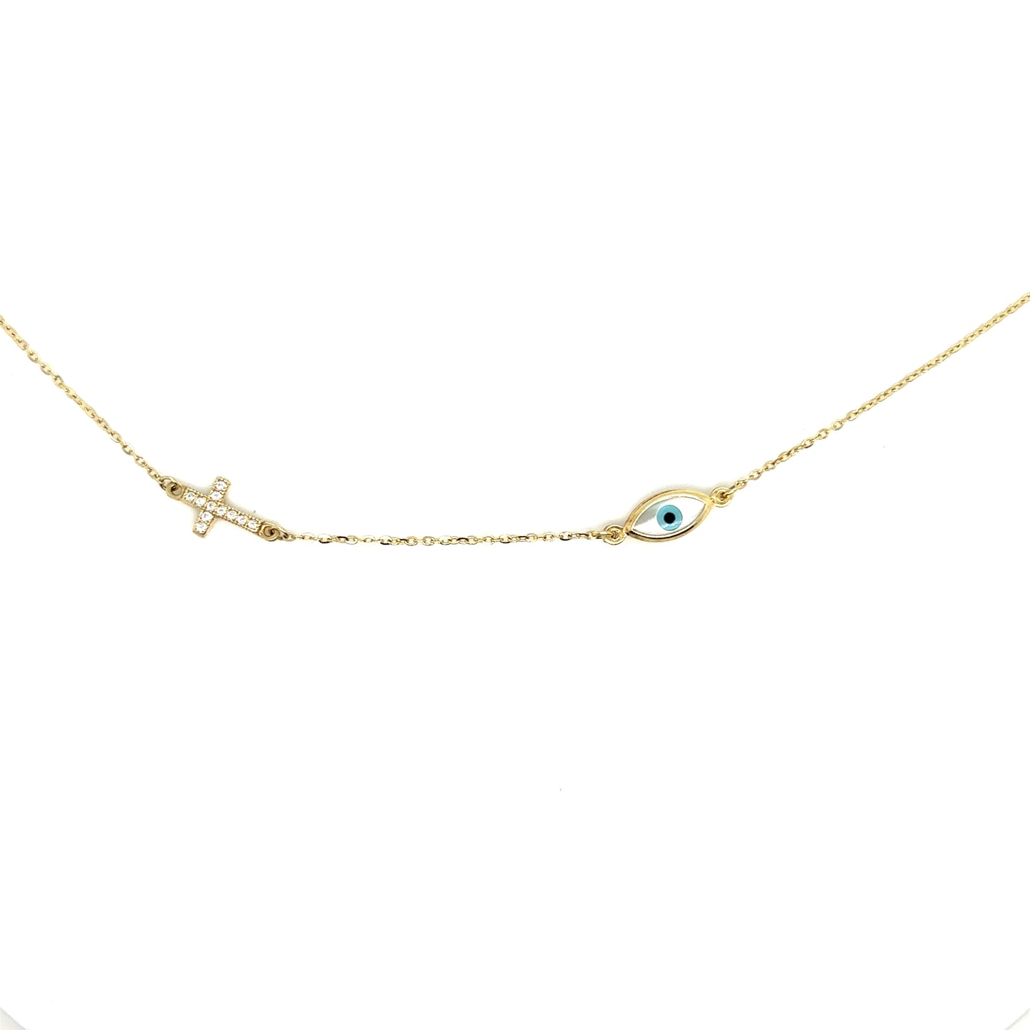 Mother of Pearl Evil Eye and Cross 9ct Yellow Gold  Adjustable Length 16 1/4" - 17" Necklace