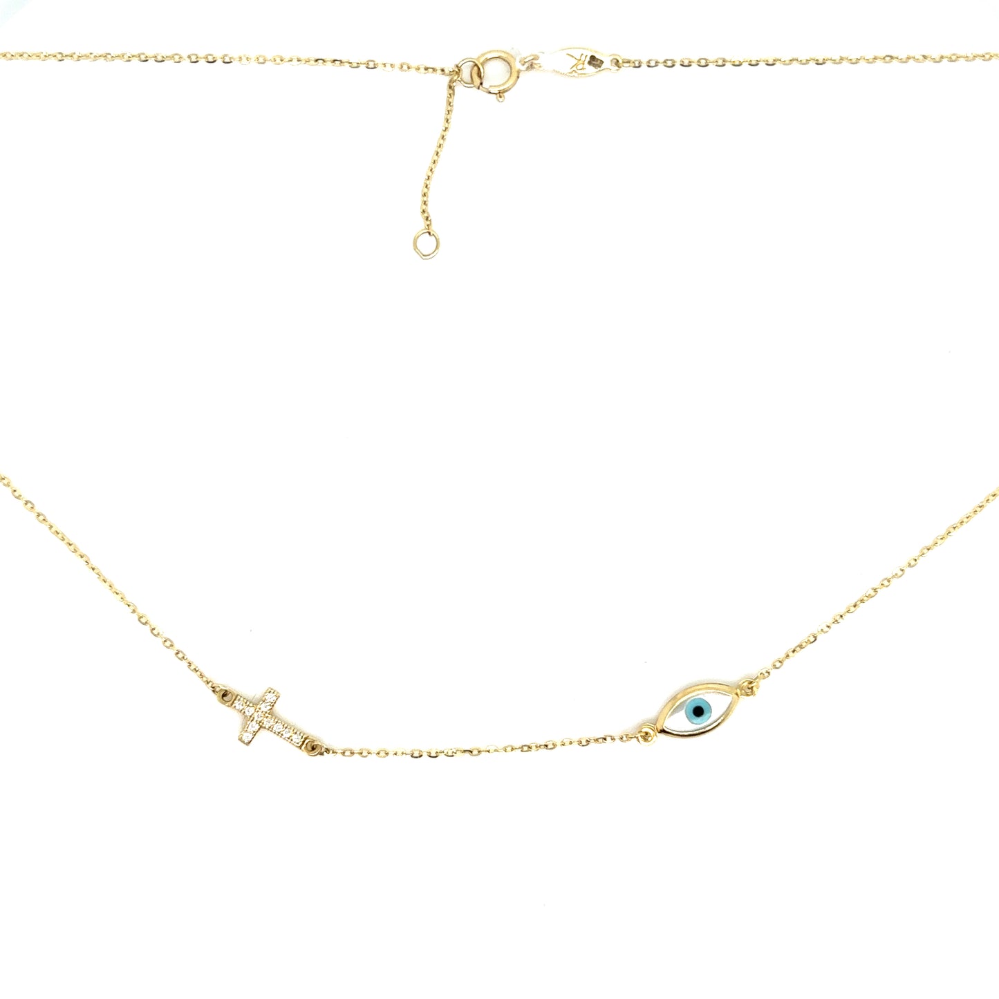 Mother of Pearl Evil Eye and Cross 9ct Yellow Gold  Adjustable Length 16 1/4" - 17" Necklace