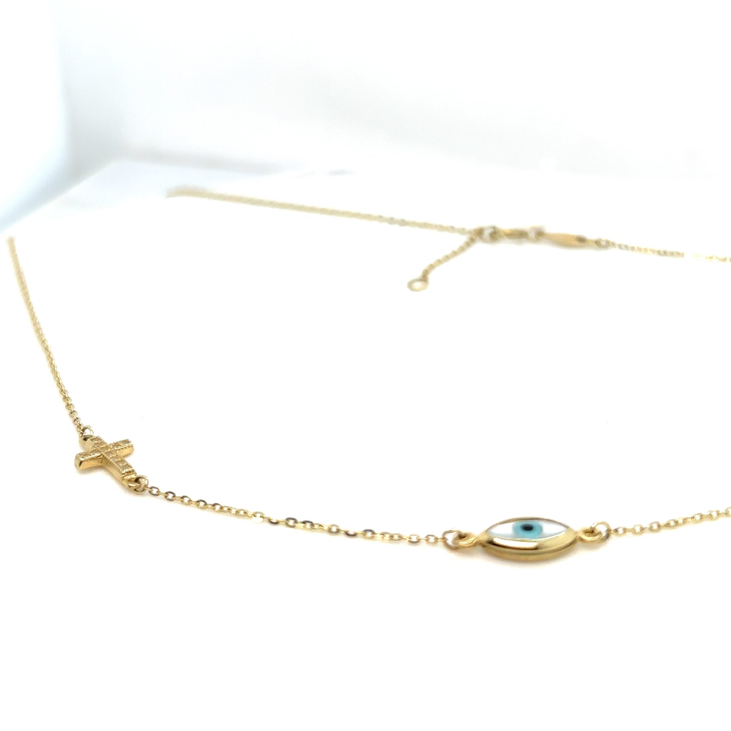 Mother of Pearl Evil Eye and Cross 9ct Yellow Gold  Adjustable Length 16 1/4" - 17" Necklace