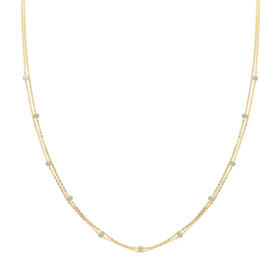 Two Strand, 9ct Gold Gem Set "Yard Of Diamond" Style Necklace