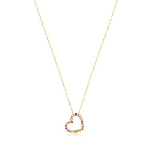 9ct Yellow Gold Necklace with Multicoloured Heart Charm 15" + 1"