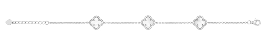 925 Silver Rhodium Plated Mother of Pearl & Cubic Zirconia Three Clover Leaf Bracelet