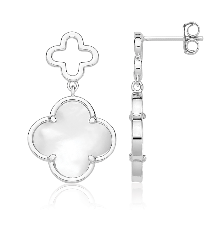 Silver Rhodium Plated Mother of Pearl Clover Drop Earrings