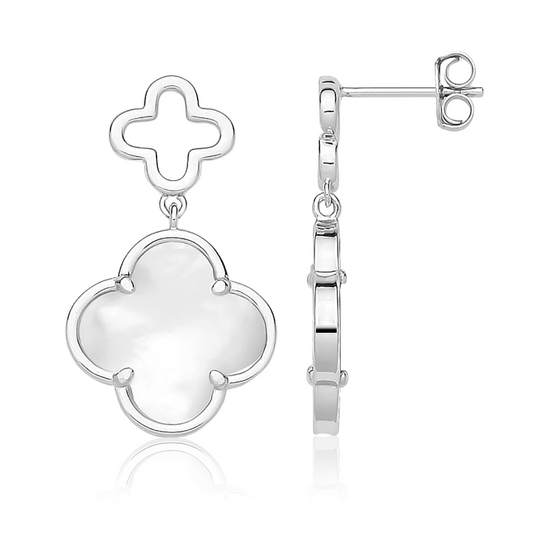 Silver Rhodium Plated Mother of Pearl Clover Drop Earrings