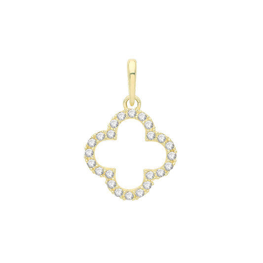 Iconic Sparkling 4 Leaf Clover Shaped 9ct Yellow Gold With Cubic Zirconia Claw Set Pendant
