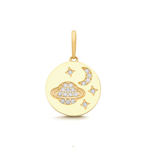 9ct Yellow Gold SATURN MOON & STAR pendant with Cubic Zirconia