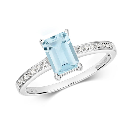 Solitaire Emerald Cut Aquamarine and Diamond Ring in 9ct Gold