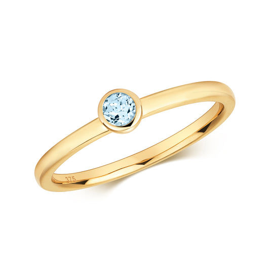 Solitaire Round Brilliant Cut Aquamarine Bezel Set Ring in 9ct Gold