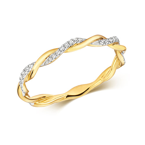 Diamond and 9ct Yellow Gold Rope Twist Design Ring
