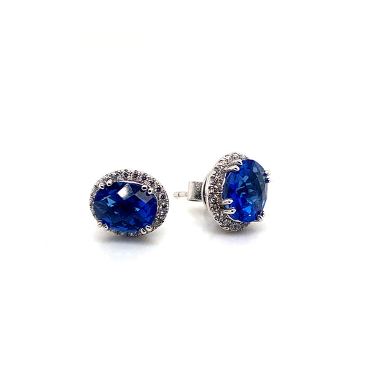 Oval Cut Blue Obsidian and Cubic Zirconia Halo Silver Stud Earrings