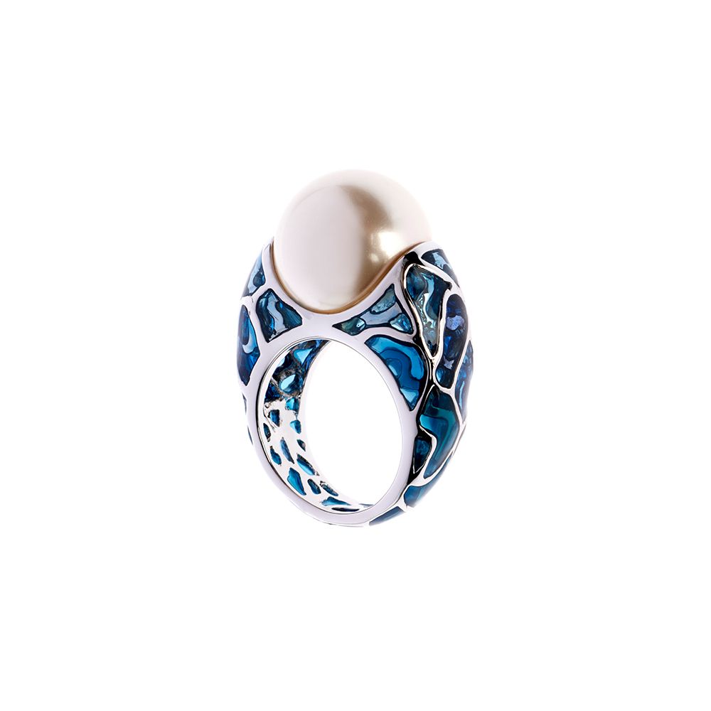 Stainless Steel Enamel and Pearl Leto Ring - Blue