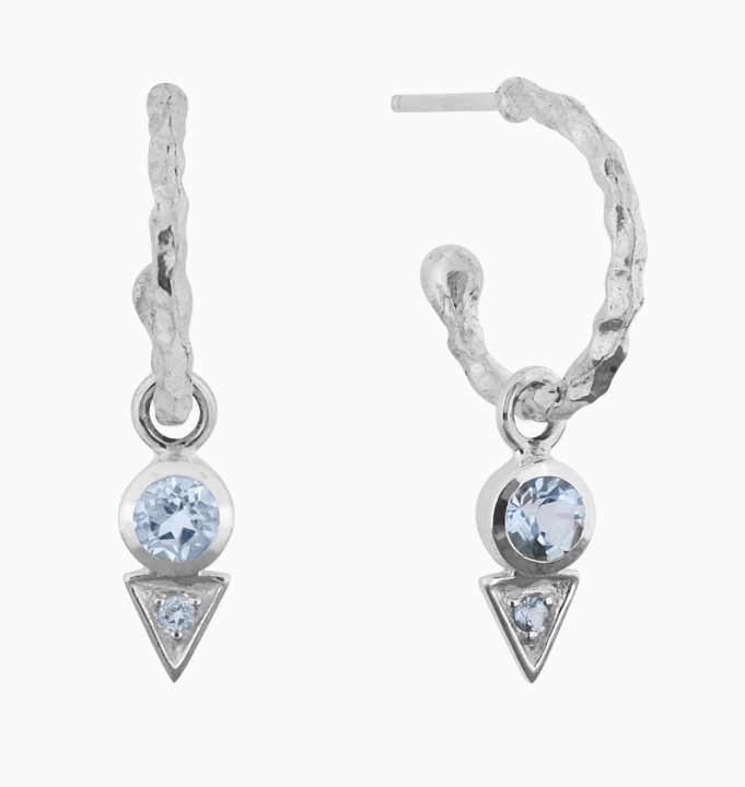 925 Silver Small Hammered Textured Hoop Earring with Blue Topaz Charms
