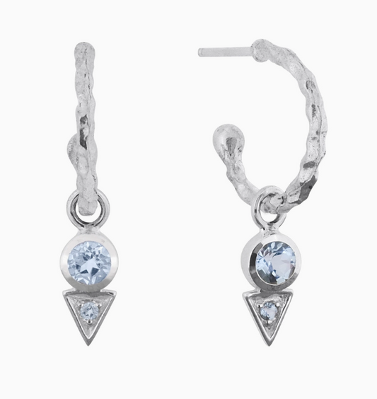 925 Silver Small Hammered Textured Hoop Earring with Blue Topaz Charms