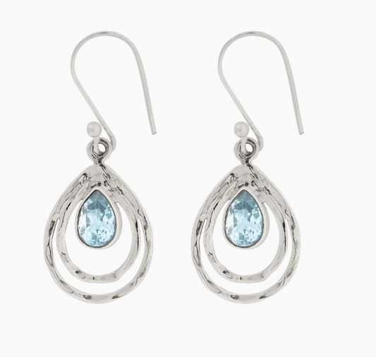 925 Silver Hammered Effect Pear Drop Earrings with Pear Cut Blue Topaz Centre