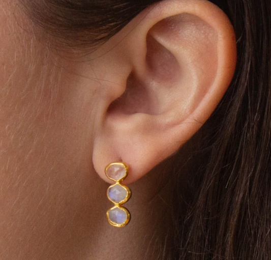 18ct Gold Vermeil Triple Rainbow Moonstone Drop Earring