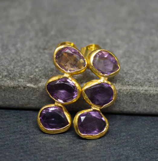 18ct Gold Vermeil Triple Amethyst Drop Earring