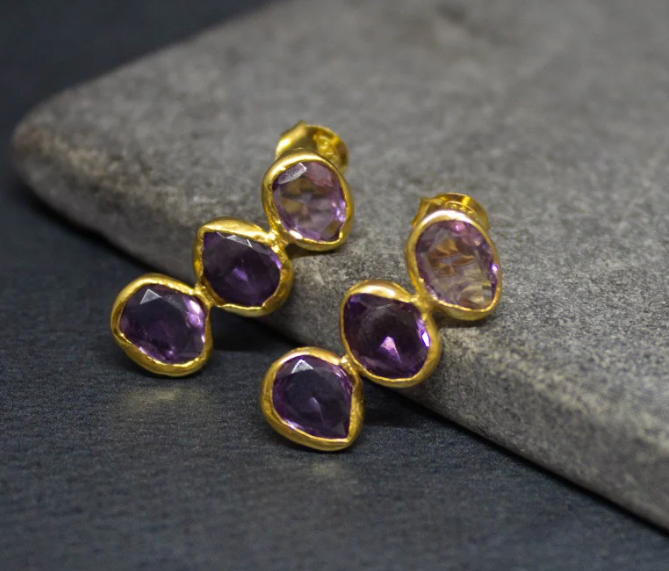18ct Gold Vermeil Triple Amethyst Drop Earring