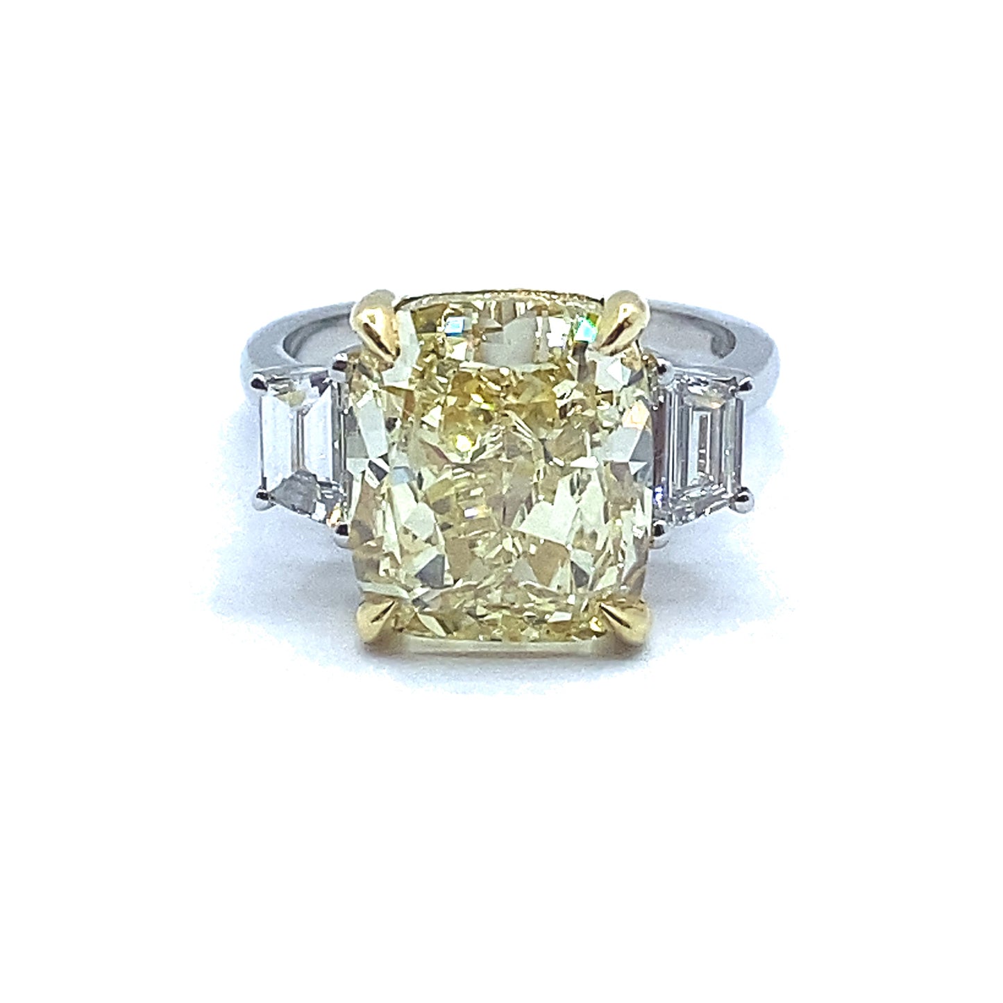 7.54ct Yellow Cushion Cut Diamond with Trapeze Cut Diamond Side Stone Ring